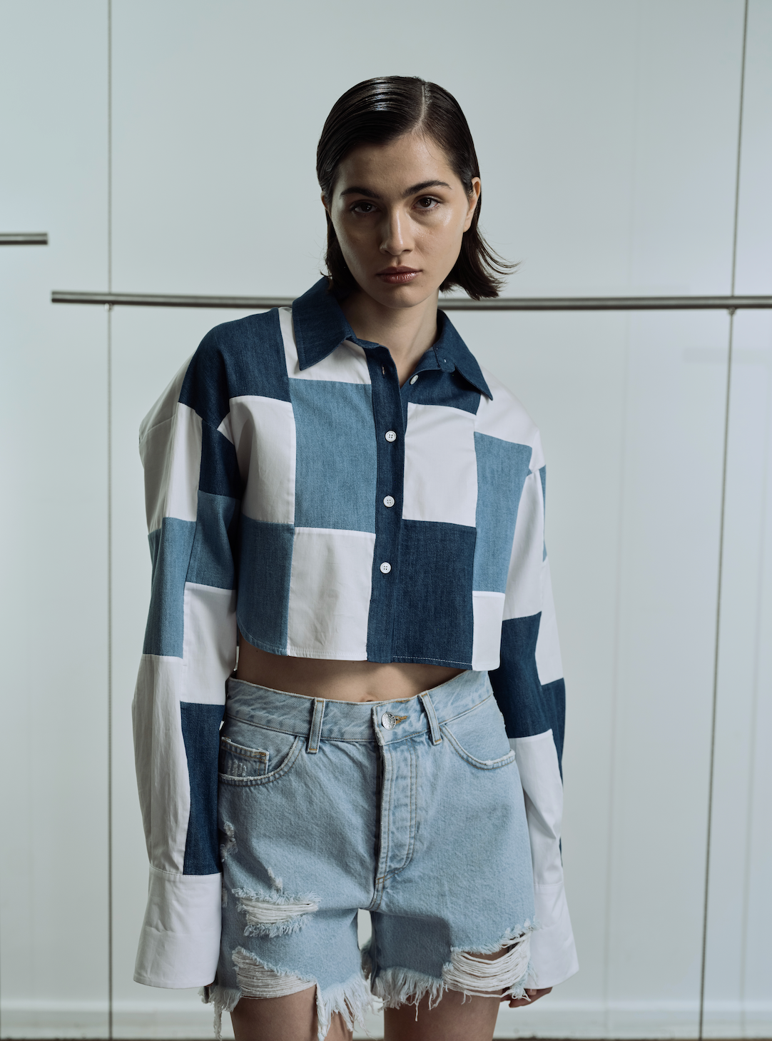 Belvet Cropped checkered shirt navy 短丈 Cropped checkered shirt – BELVET