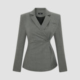 GATHERED WAIST WOOL BLEND DRAPED HOUNDSTOOTH BLAZER