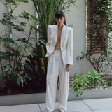 PLEATED PINSTRIPE WIDE LEG PANTS IN WHITE