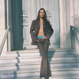 DOUBLE WAISTED FLARED PANTS IN BROWN