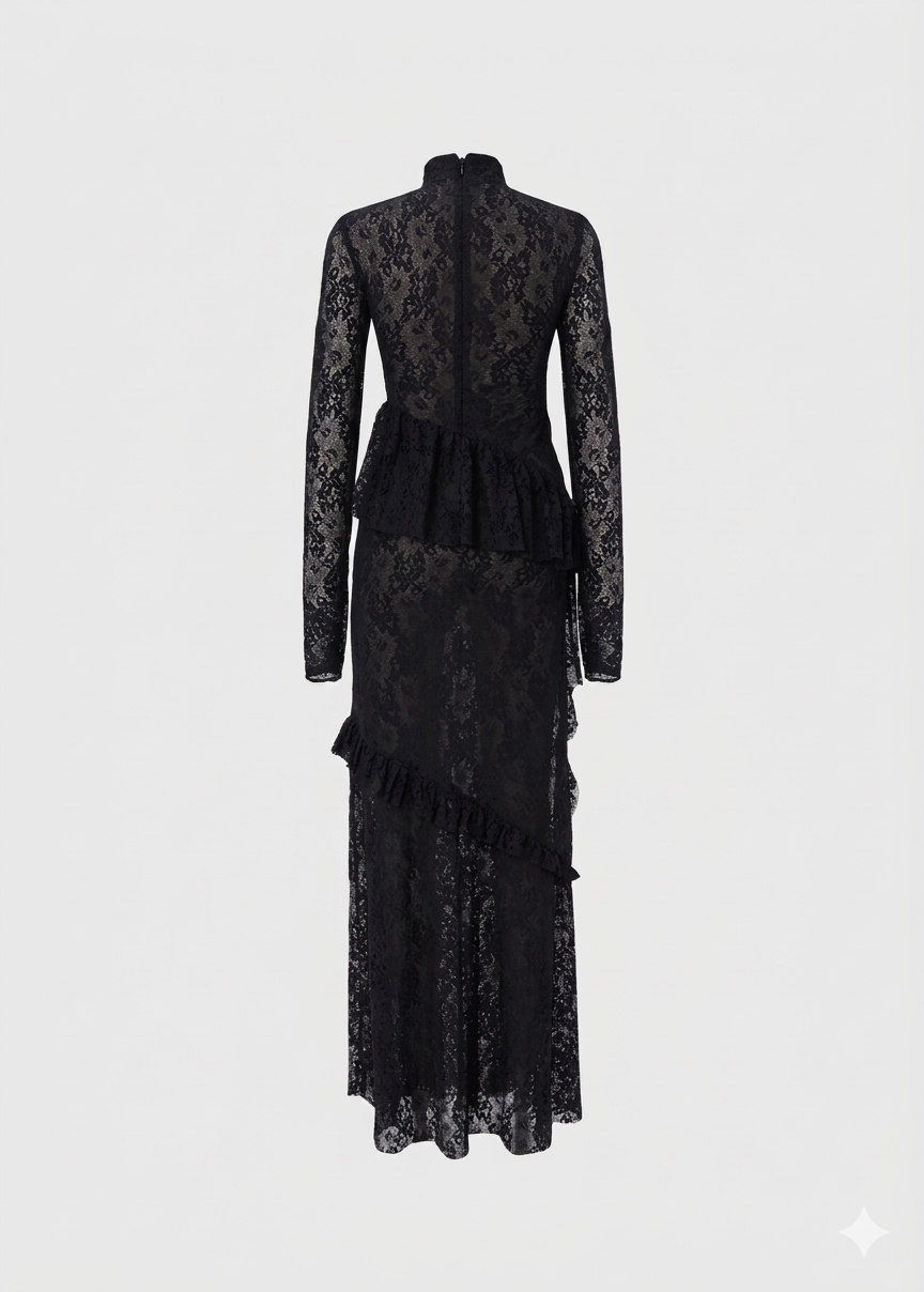 SWIRLING TRIM LACE DRESS IN BLACK