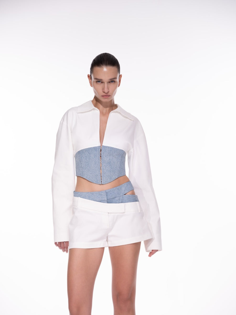 SIDE SHOW DOUBLE SHORTS IN LIGHT GABARDINE AND DENIM