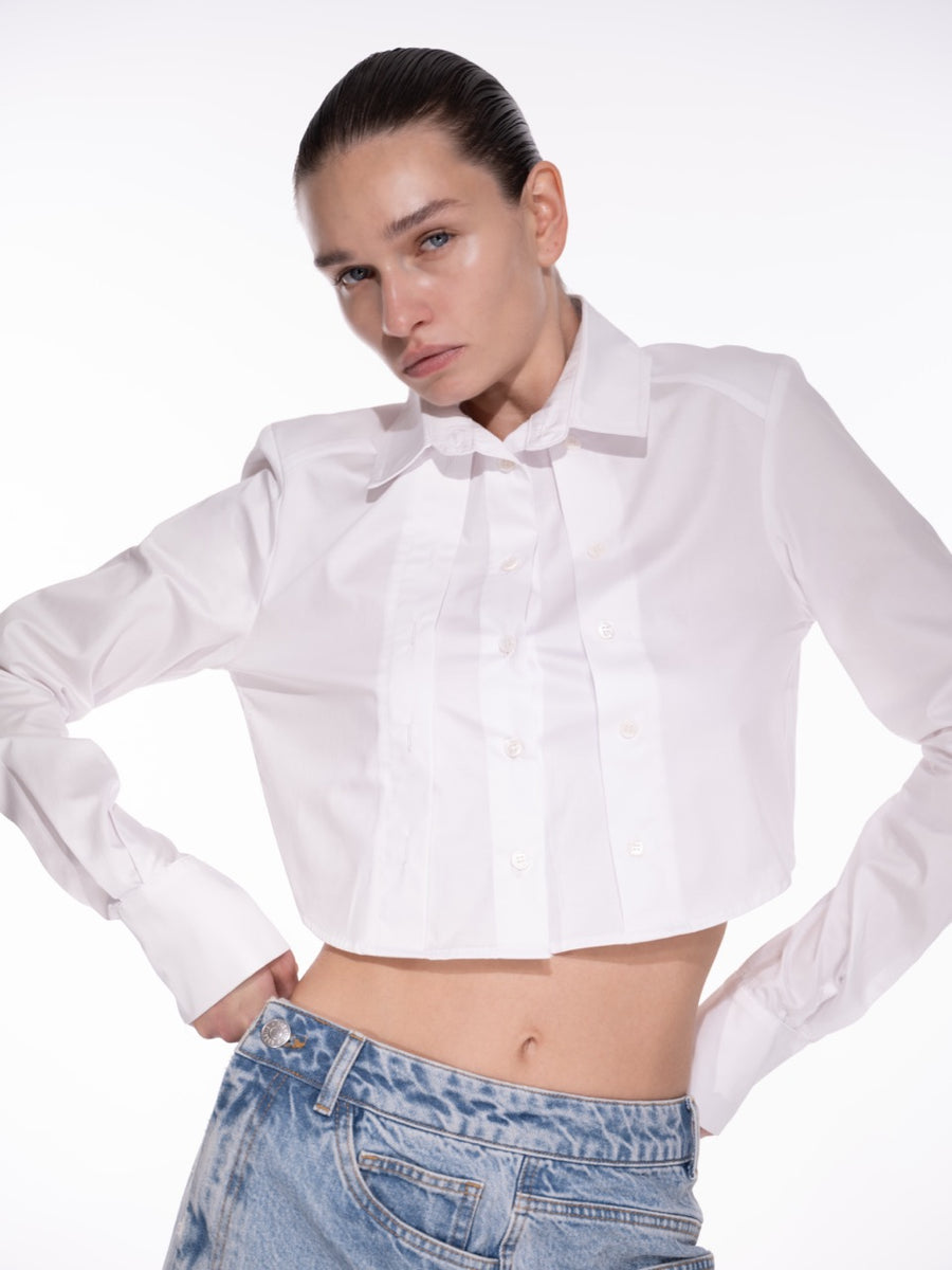 DOUBLE PLACKER CROPPED SHIRT IN WHITE