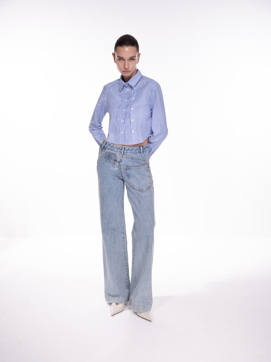 DOUBLE PLACKER CROPPED SHIRT IN PINSTRIPE