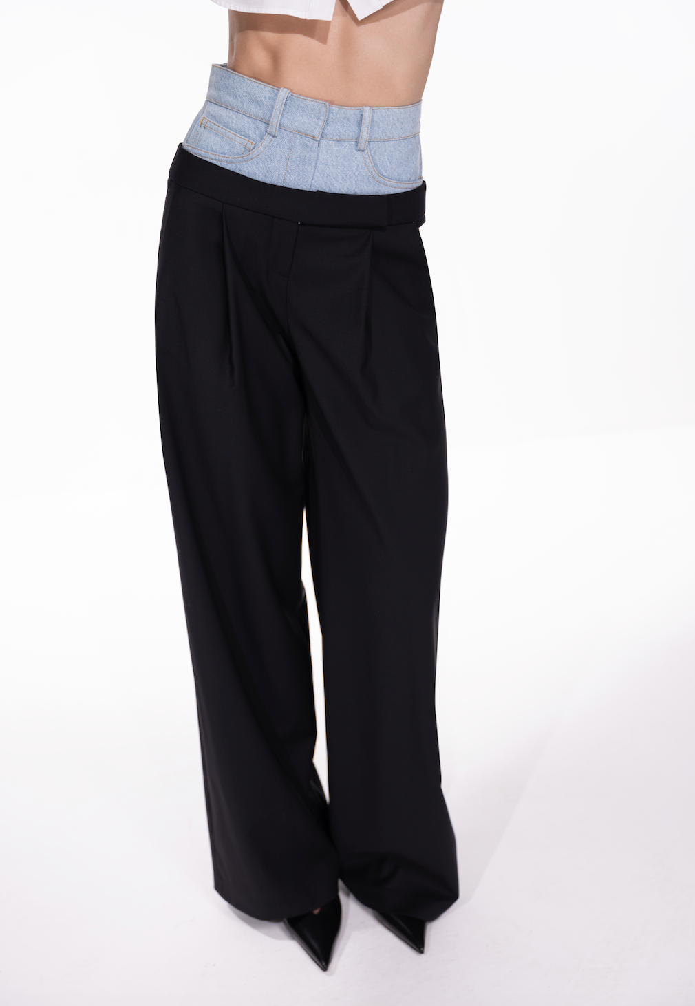 【Anyone more】Rising black blue strap wide pants Terraced Wide Leg Pant in Navy