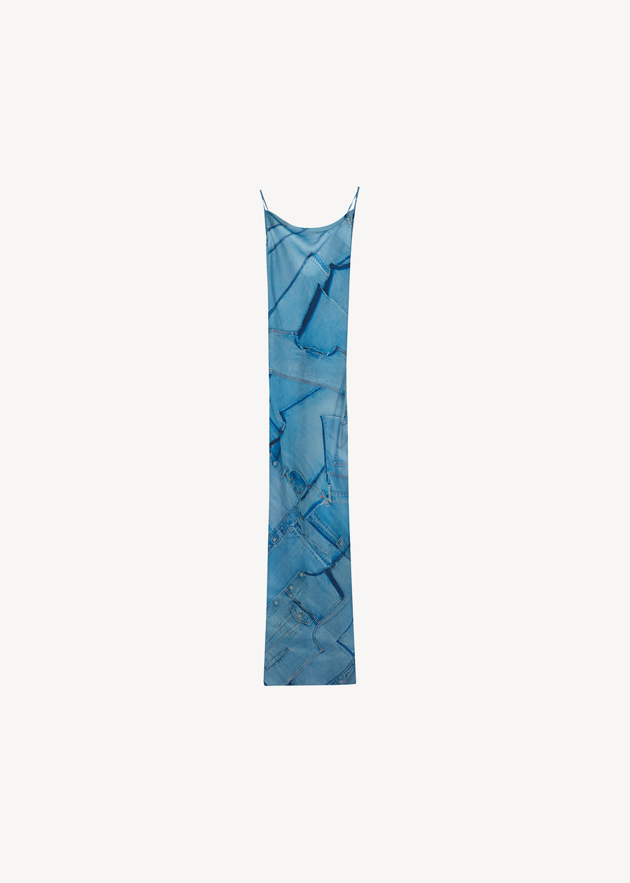 LONG SATIN PRINTED DRESS IN BLUE